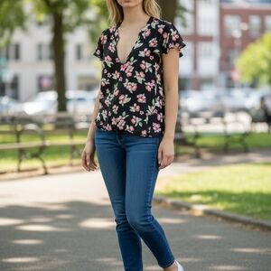 DNA Couture Black Floral V-Neck Blouse
